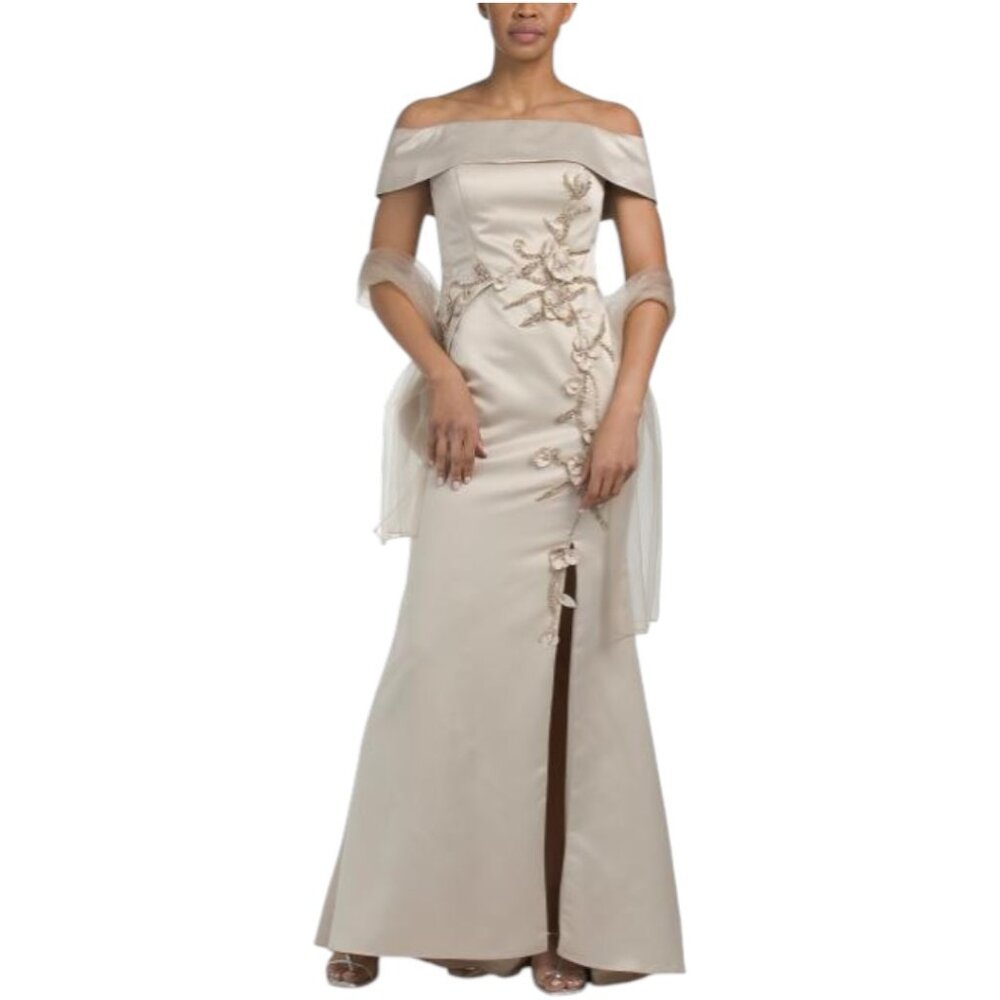 TERANI COUTURE Off The Shoulder 3d Floral Gown